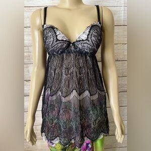 Seductive Wear By Cinema Etoile Black W/Pink Lace Sheer Babydoll Gown Size S